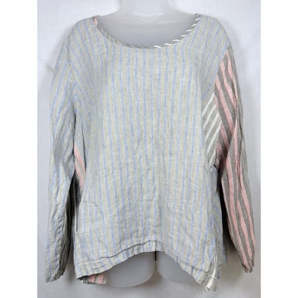 Flax Tops - FLAX Linen Stripe Top L Made in Lithuania Blue Red Oversized Boxy Coastal Boho